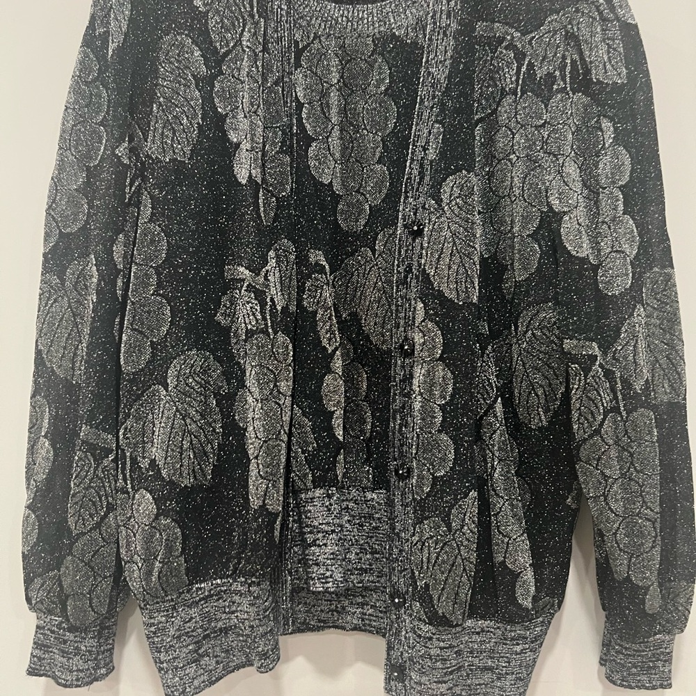 Vintage ST Black and Silver Grape Patterned Women's Cardigan and Shirt Set